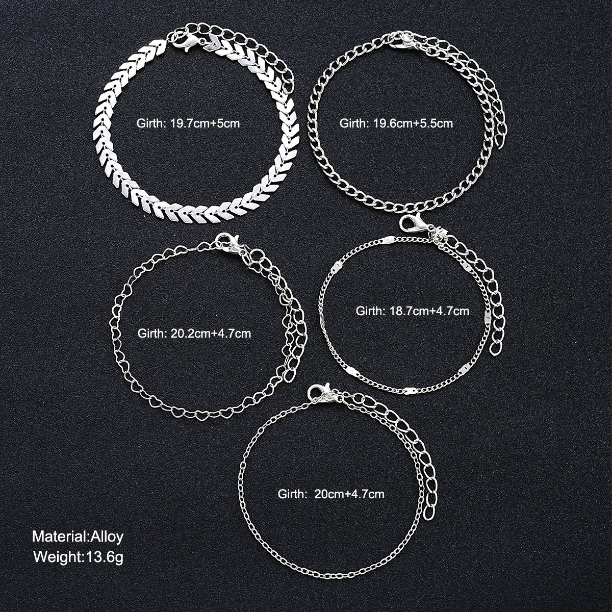 [5-Piece Set] Simple Beach Love Aircraft Chain Anklet Fashion Creative Peach Heart Anklet Set 5-Piece Set