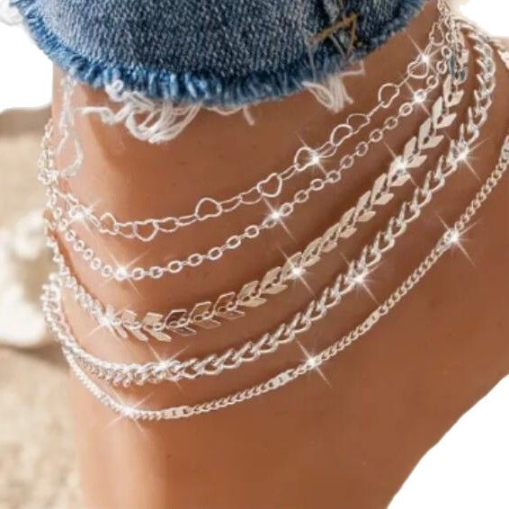 [5-Piece Set] Simple Beach Love Aircraft Chain Anklet Fashion Creative Peach Heart Anklet Set 5-Piece Set
