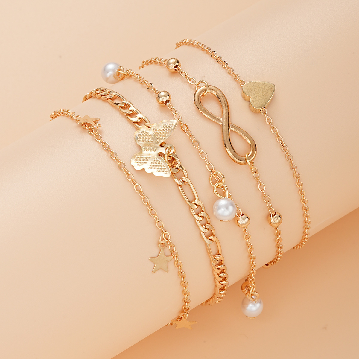 [4-Piece Set] Imitation Pearl Beach Anklet Five-Pointed Star Butterfly Pendant Lucky 8-Character Multi-Layer Anklet Set 4-Piece Set