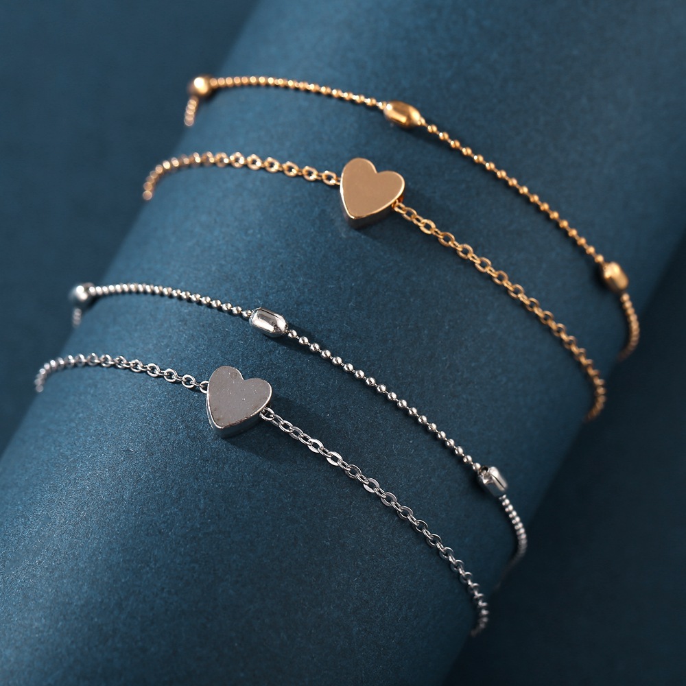 European And American Cross-Border New Round Bead Double-Layer Love Peach Heart Anklet Creative Retro Simple Multi-Layer Alloy Anklet Wholesale