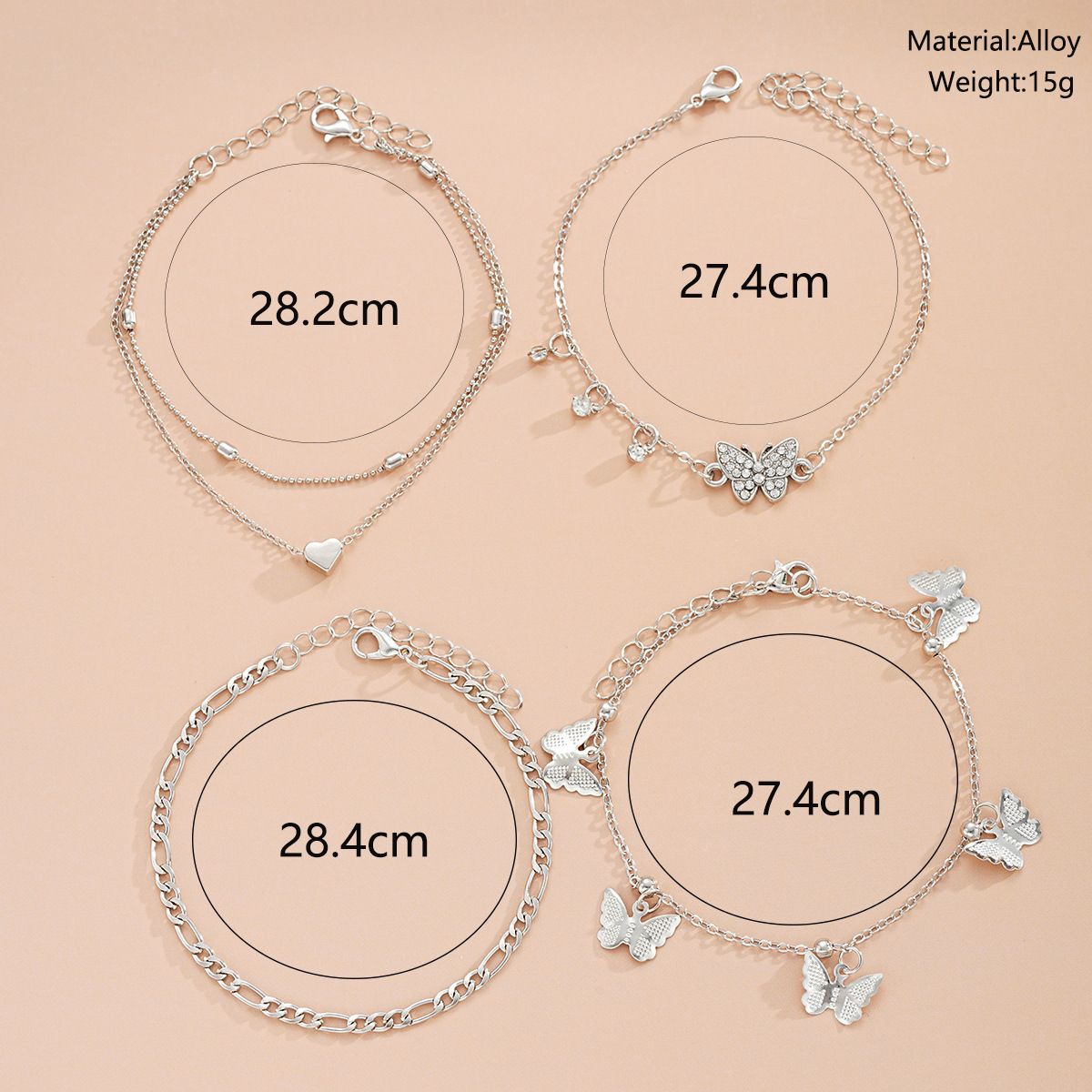 [4-Piece Set] Holiday Beach Butterfly Multi-Layer Anklet Creative Round Bead Peach Heart Chain Anklet