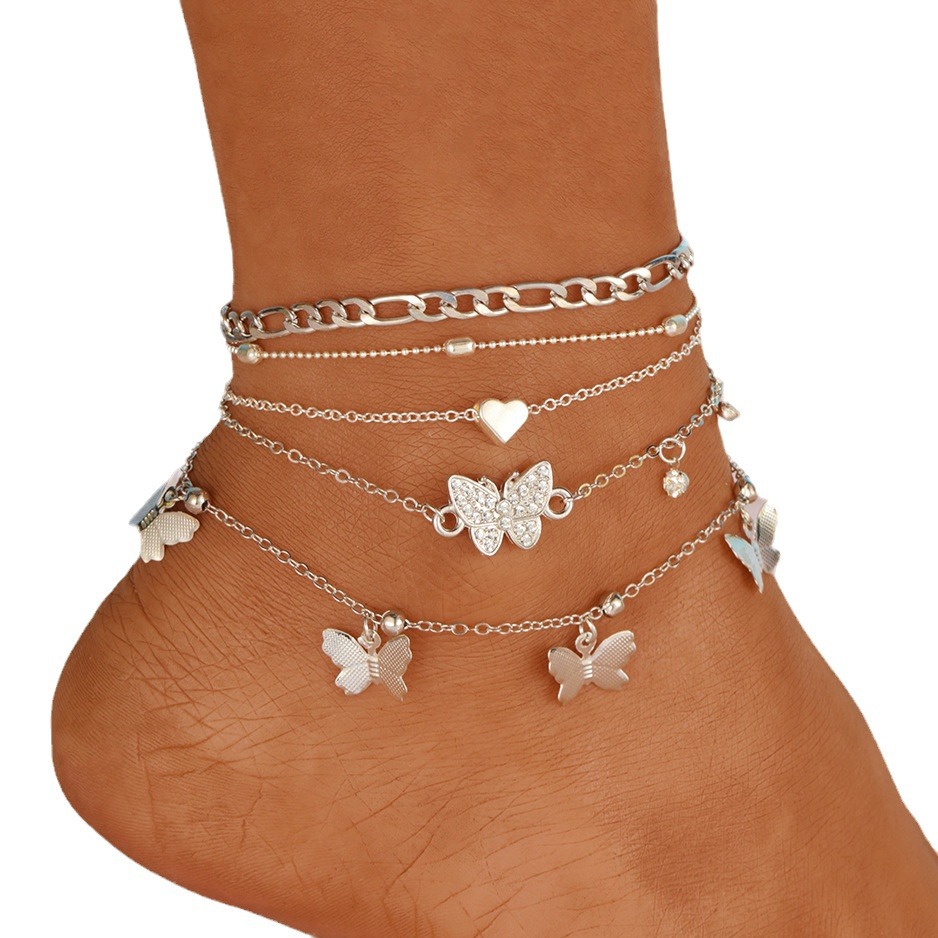 [4-Piece Set] Holiday Beach Butterfly Multi-Layer Anklet Creative Round Bead Peach Heart Chain Anklet