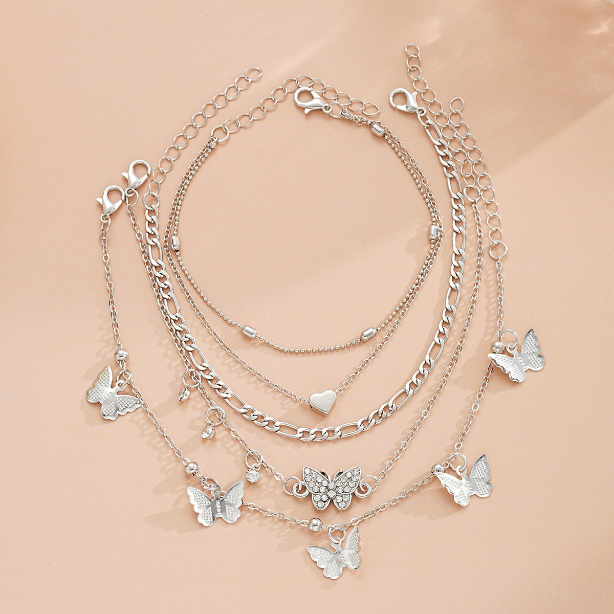 [4-Piece Set] Holiday Beach Butterfly Multi-Layer Anklet Creative Round Bead Peach Heart Chain Anklet
