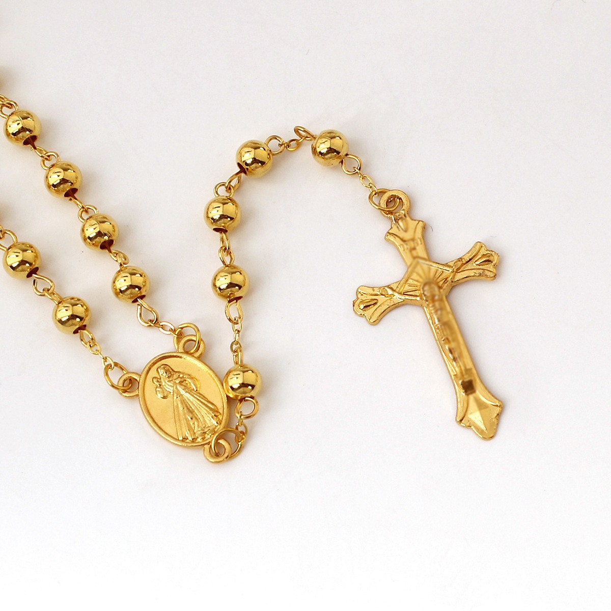 New Gold-Plated 6Mm Imitation Gold Iron Bead Rosary Long Necklace Exquisite Cross Pendant Round Bead Men'S And Women'S Necklace