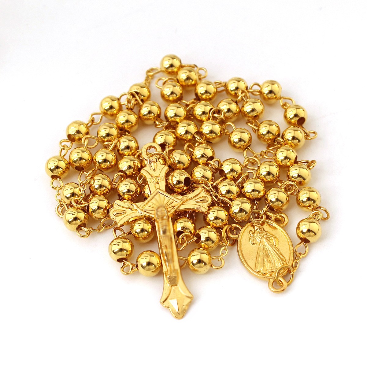 New Gold-Plated 6Mm Imitation Gold Iron Bead Rosary Long Necklace Exquisite Cross Pendant Round Bead Men'S And Women'S Necklace