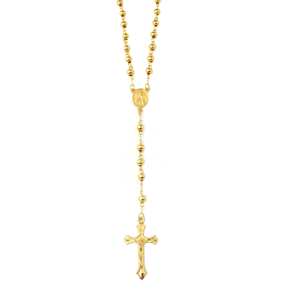 New Gold-Plated 6Mm Imitation Gold Iron Bead Rosary Long Necklace Exquisite Cross Pendant Round Bead Men'S And Women'S Necklace