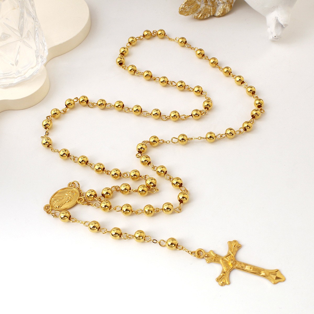 New Gold-Plated 6Mm Imitation Gold Iron Bead Rosary Long Necklace Exquisite Cross Pendant Round Bead Men'S And Women'S Necklace