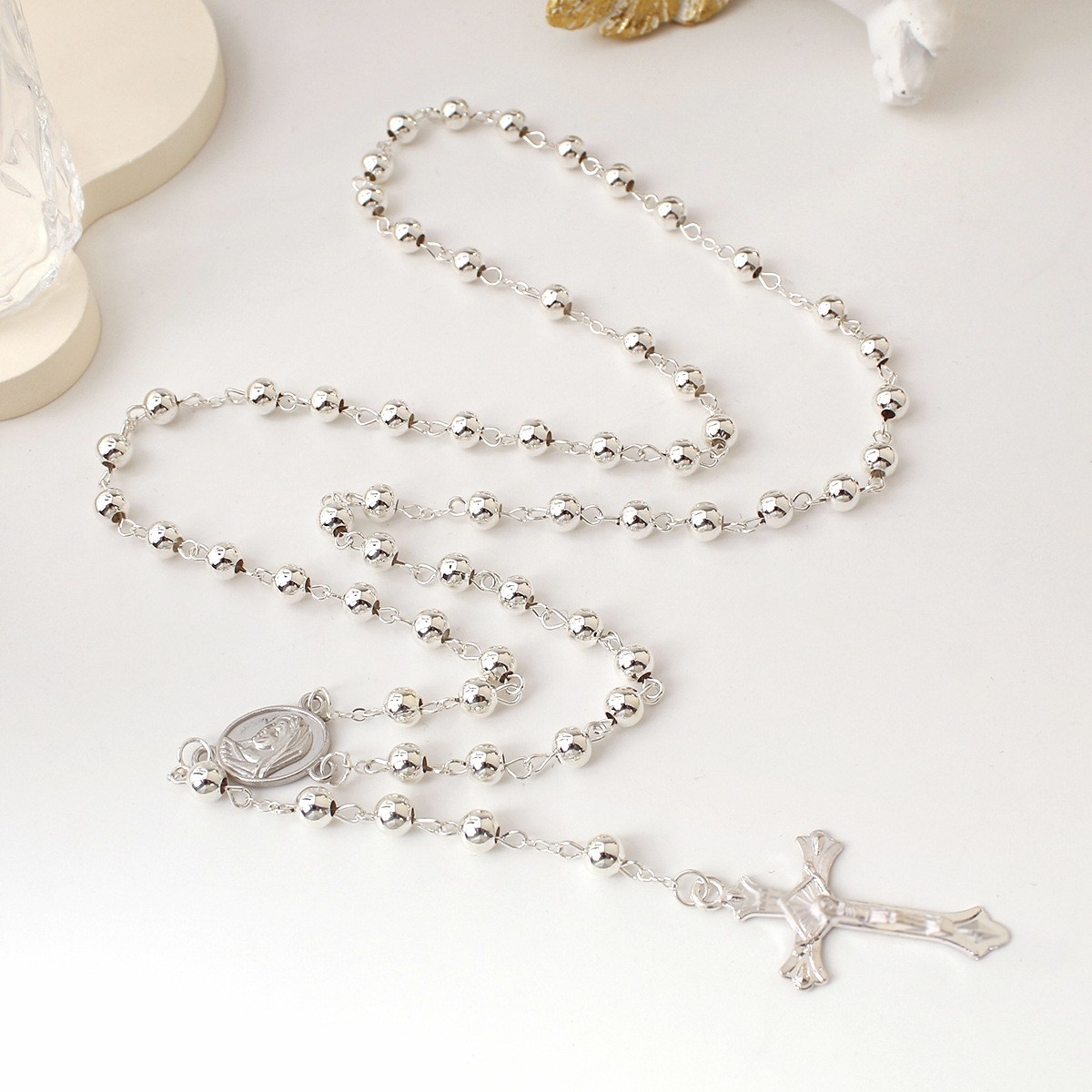 New Gold-Plated 6Mm Imitation Gold Iron Bead Rosary Long Necklace Exquisite Cross Pendant Round Bead Men'S And Women'S Necklace