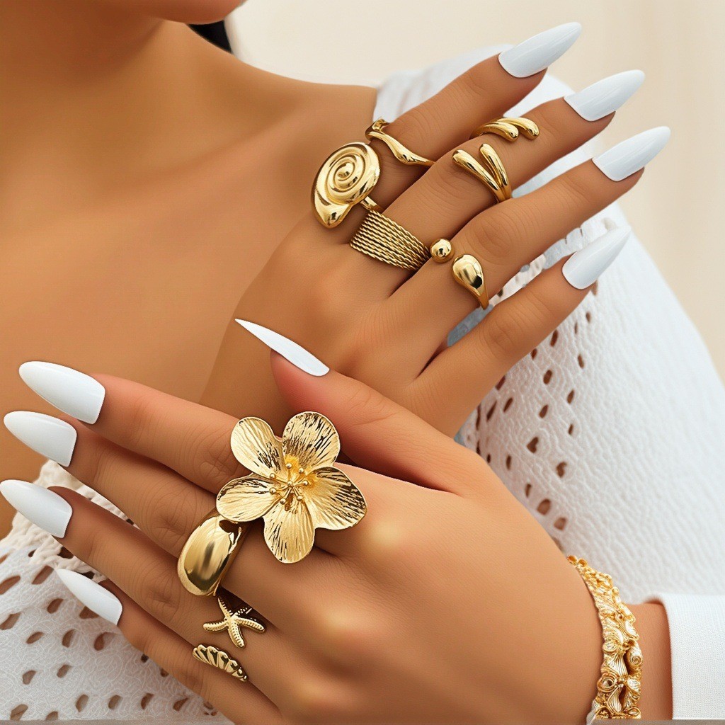 [8-Piece Set] Ocean Beach Wind Conch Fan Starfish Ring Jewelry Set Alloy Retro Glossy Plain Ring Jewelry