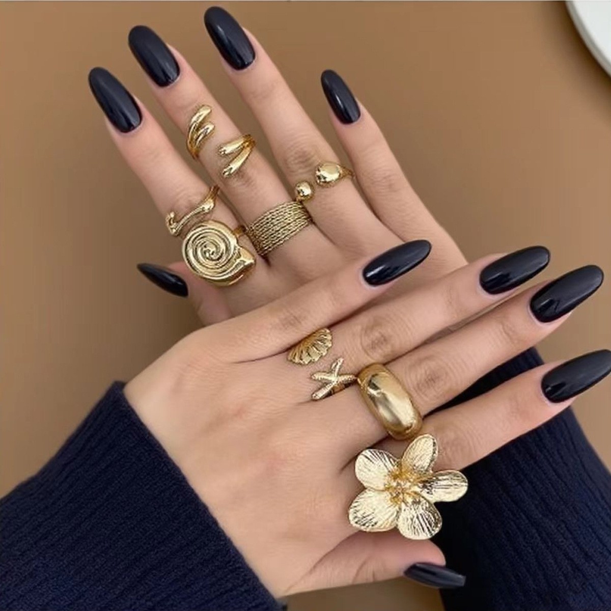 [8-Piece Set] Ocean Beach Wind Conch Fan Starfish Ring Jewelry Set Alloy Retro Glossy Plain Ring Jewelry