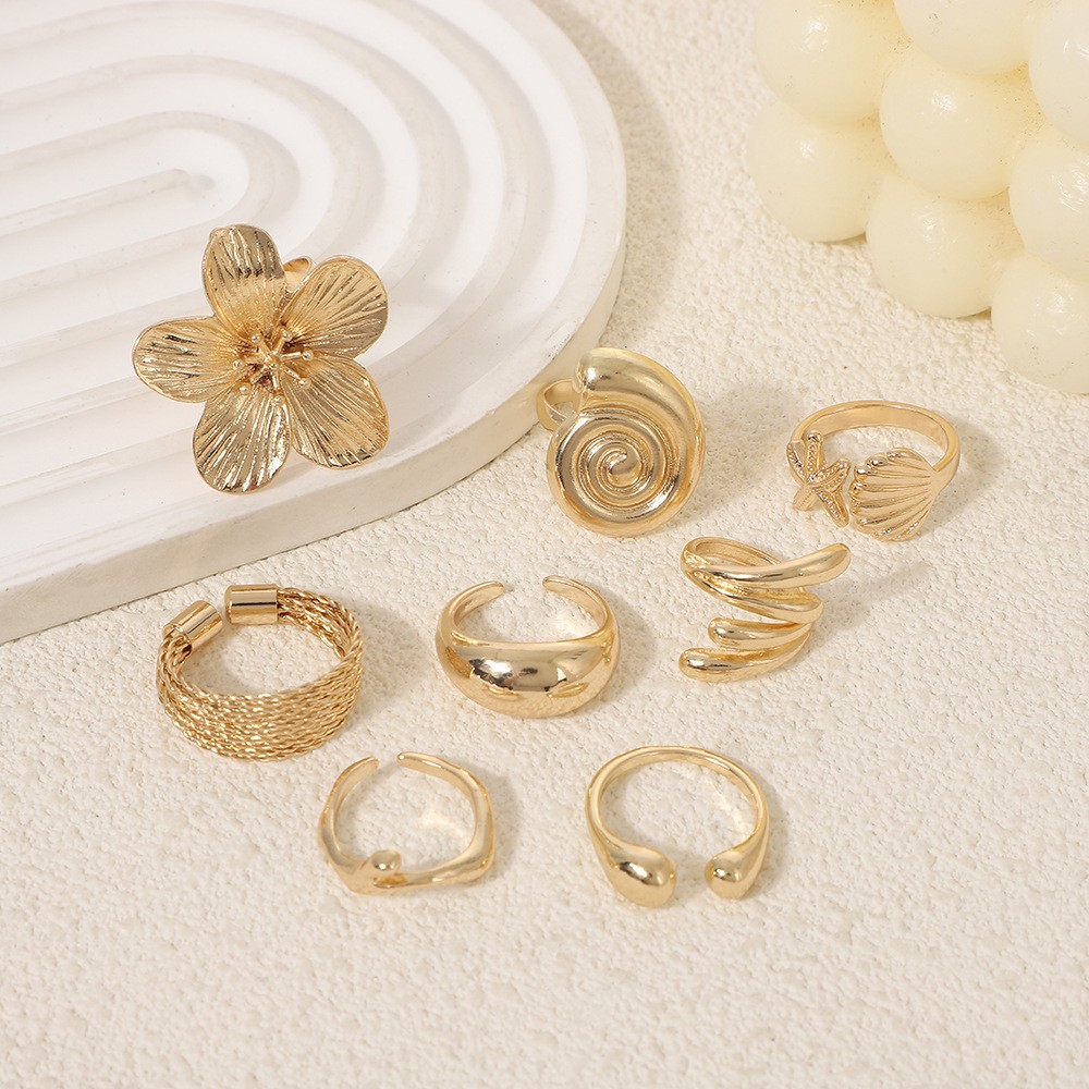 [8-Piece Set] Ocean Beach Wind Conch Fan Starfish Ring Jewelry Set Alloy Retro Glossy Plain Ring Jewelry