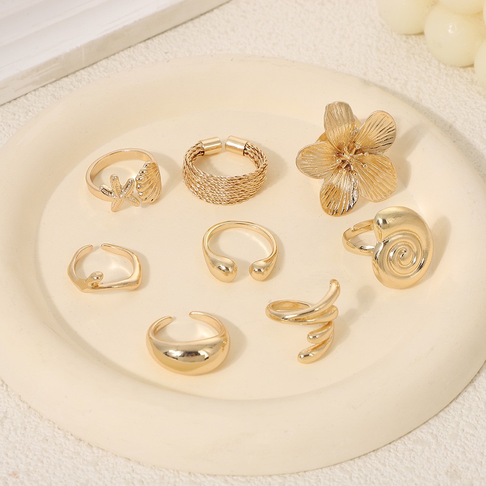 [8-Piece Set] Ocean Beach Wind Conch Fan Starfish Ring Jewelry Set Alloy Retro Glossy Plain Ring Jewelry