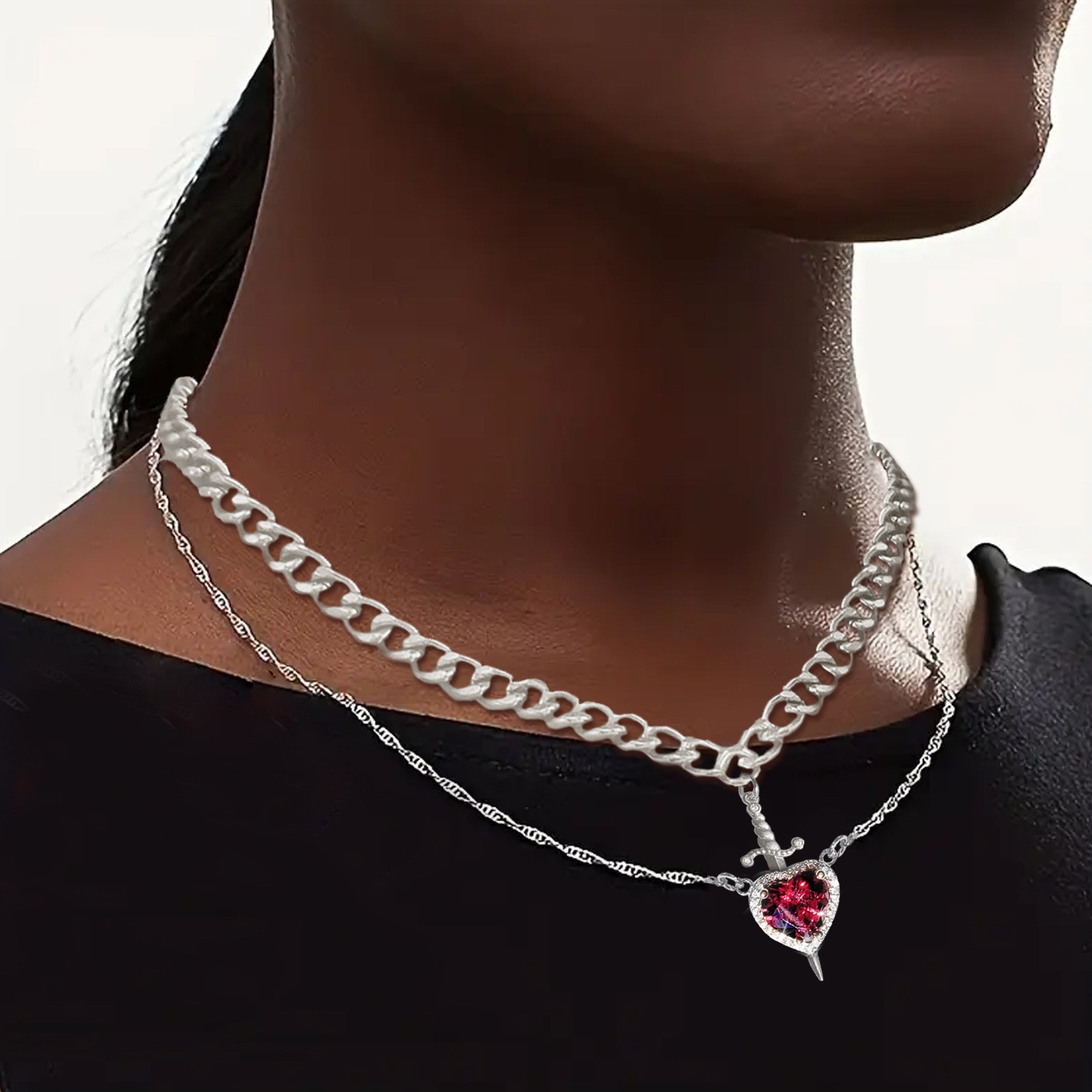 Creative Arrow Through The Heart Couple Pendant Set Love Dagger Diamond Collarbone Chain Valentine'S Day Gift Necklace