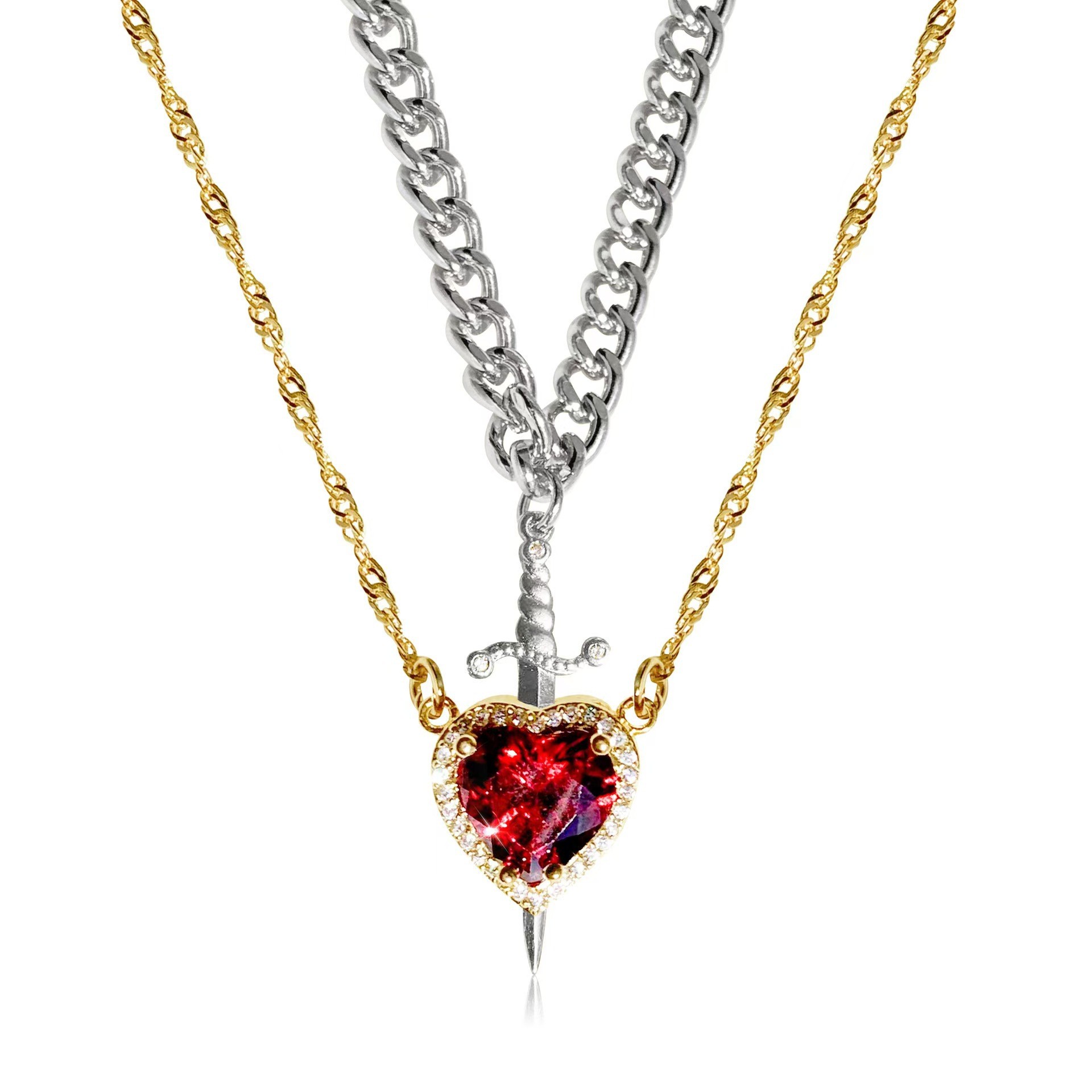 Creative Arrow Through The Heart Couple Pendant Set Love Dagger Diamond Collarbone Chain Valentine'S Day Gift Necklace