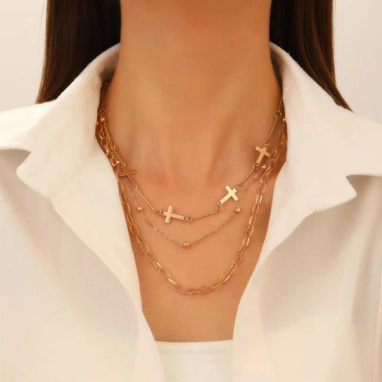 New Pearl Multi-Layer Fashion Collarbone Chain Choker Neck Jewelry Women'S Cross Lock