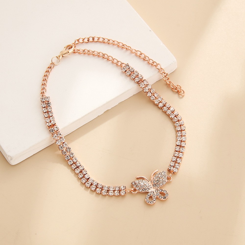 Personalized And Creative Butterfly Anklet Beach Jewelry Women'S Ins Simple Double Row Diamond Foot Decoration Anklet