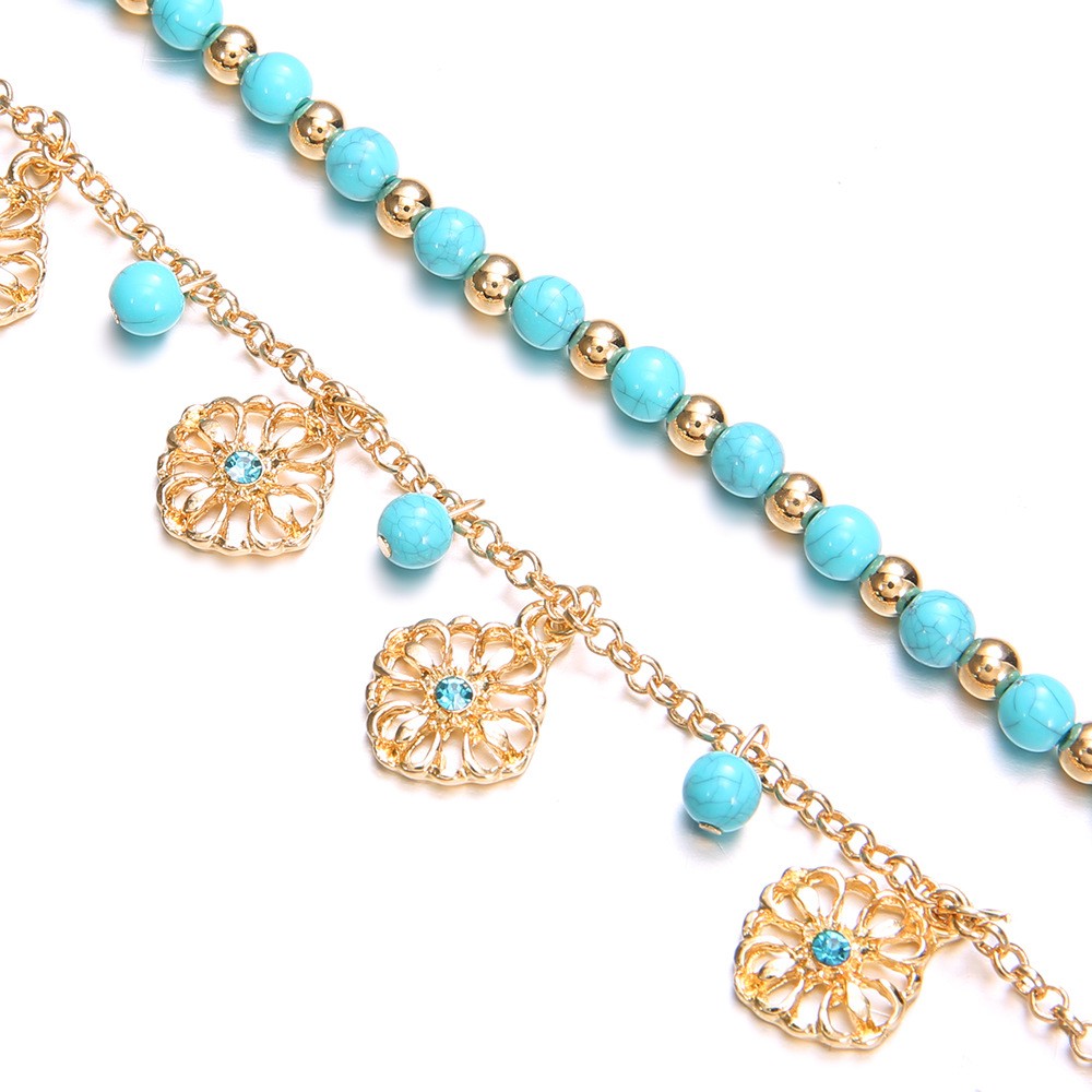 Bohemian Anklet Turquoise Beaded Blue Diamond Flower Plate Fringed Anklet