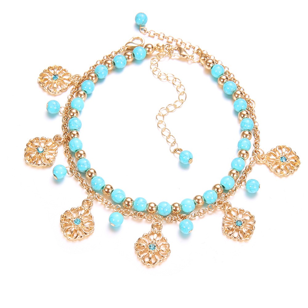 Bohemian Anklet Turquoise Beaded Blue Diamond Flower Plate Fringed Anklet