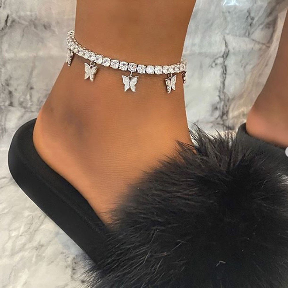 Creative Rhinestone Small Butterfly Anklet, Simple Temperament Claw Chain Fringed Foot Decoration Fashionable Beach Jewelry