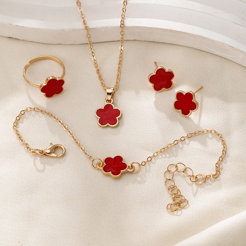 [4-Piece Set] New Flower Jewelry Set Women'S Temperament Flower Bracelet Necklace Four-Piece Jewelry Set