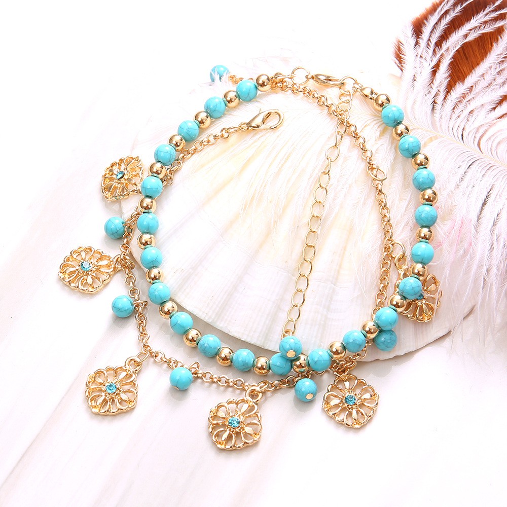 Bohemian Anklet Turquoise Beaded Blue Diamond Flower Plate Fringed Anklet