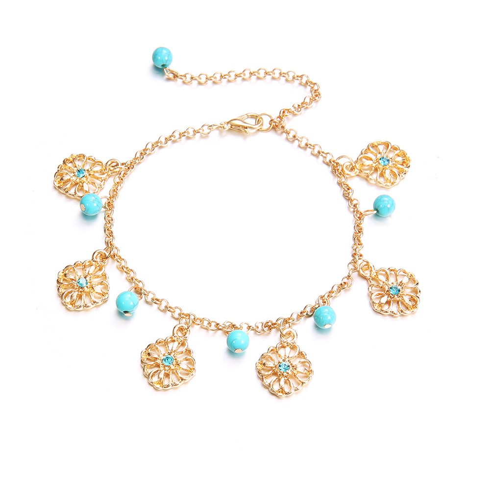 Bohemian Anklet Turquoise Beaded Blue Diamond Flower Plate Fringed Anklet