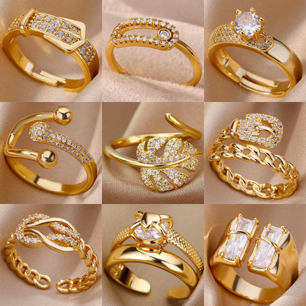 Hot-Selling 18K Gold-Plated Full Diamond Light Luxury Non-Fading Opening Ring Female Zircon Leaf Ring Female High-End Sense