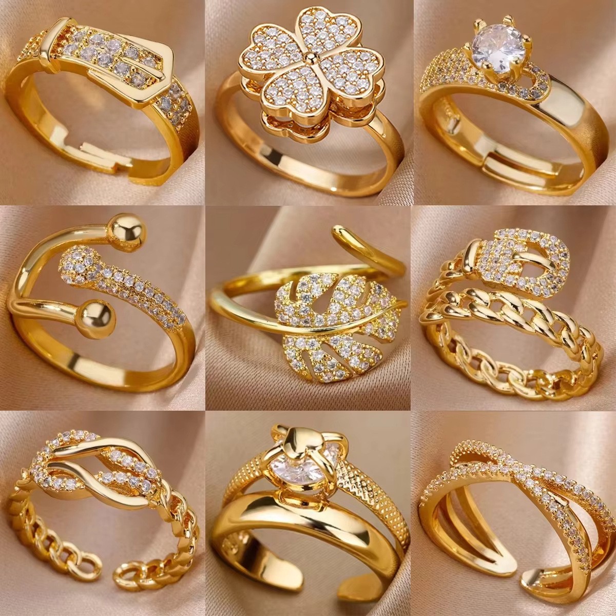 Hot-Selling 18K Gold-Plated Full Diamond Light Luxury Non-Fading Opening Ring Female Zircon Leaf Ring Female High-End Sense