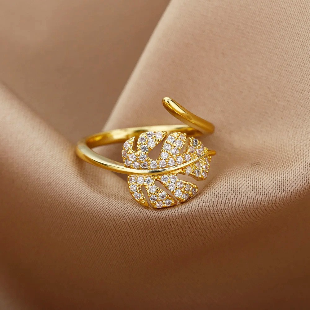 Hot-Selling 18K Gold-Plated Full Diamond Light Luxury Non-Fading Opening Ring Female Zircon Leaf Ring Female High-End Sense