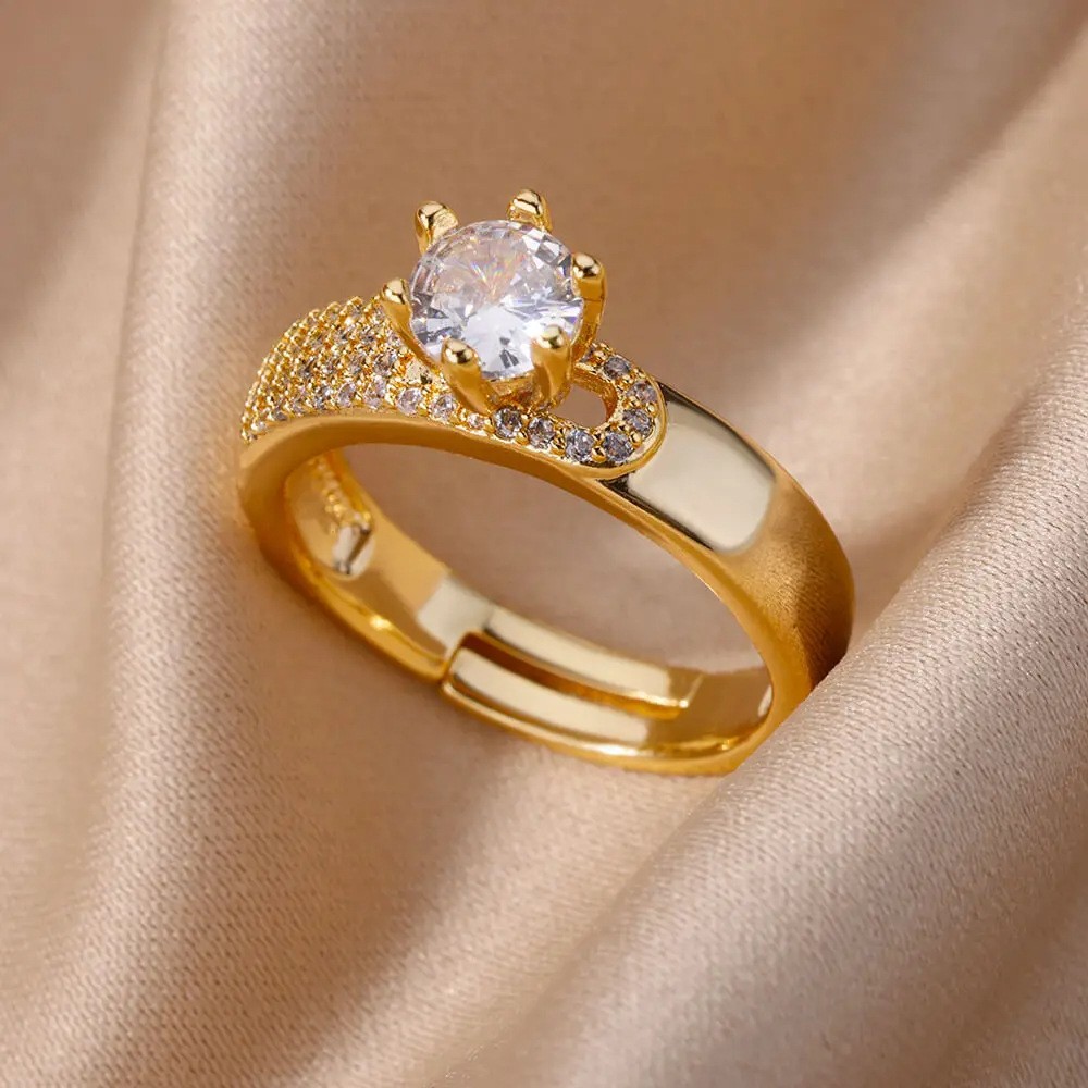 Hot-Selling 18K Gold-Plated Full Diamond Light Luxury Non-Fading Opening Ring Female Zircon Leaf Ring Female High-End Sense