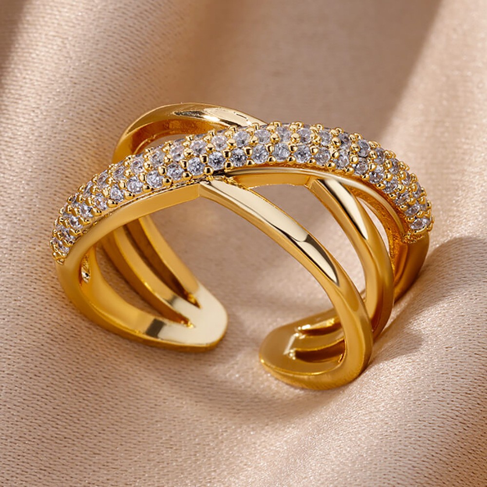 Hot-Selling 18K Gold-Plated Full Diamond Light Luxury Non-Fading Opening Ring Female Zircon Leaf Ring Female High-End Sense