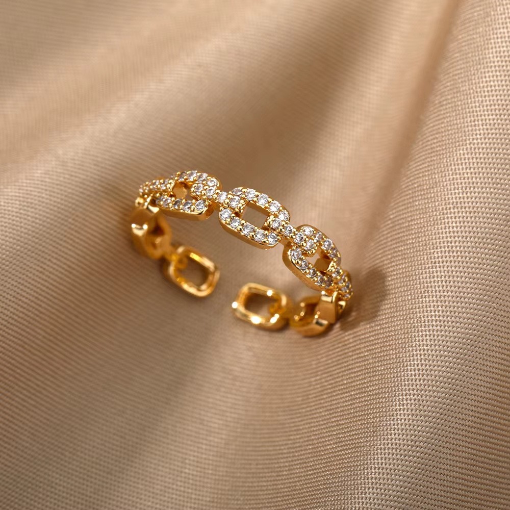 Hot-Selling 18K Gold-Plated Full Diamond Light Luxury Non-Fading Opening Ring Female Zircon Leaf Ring Female High-End Sense