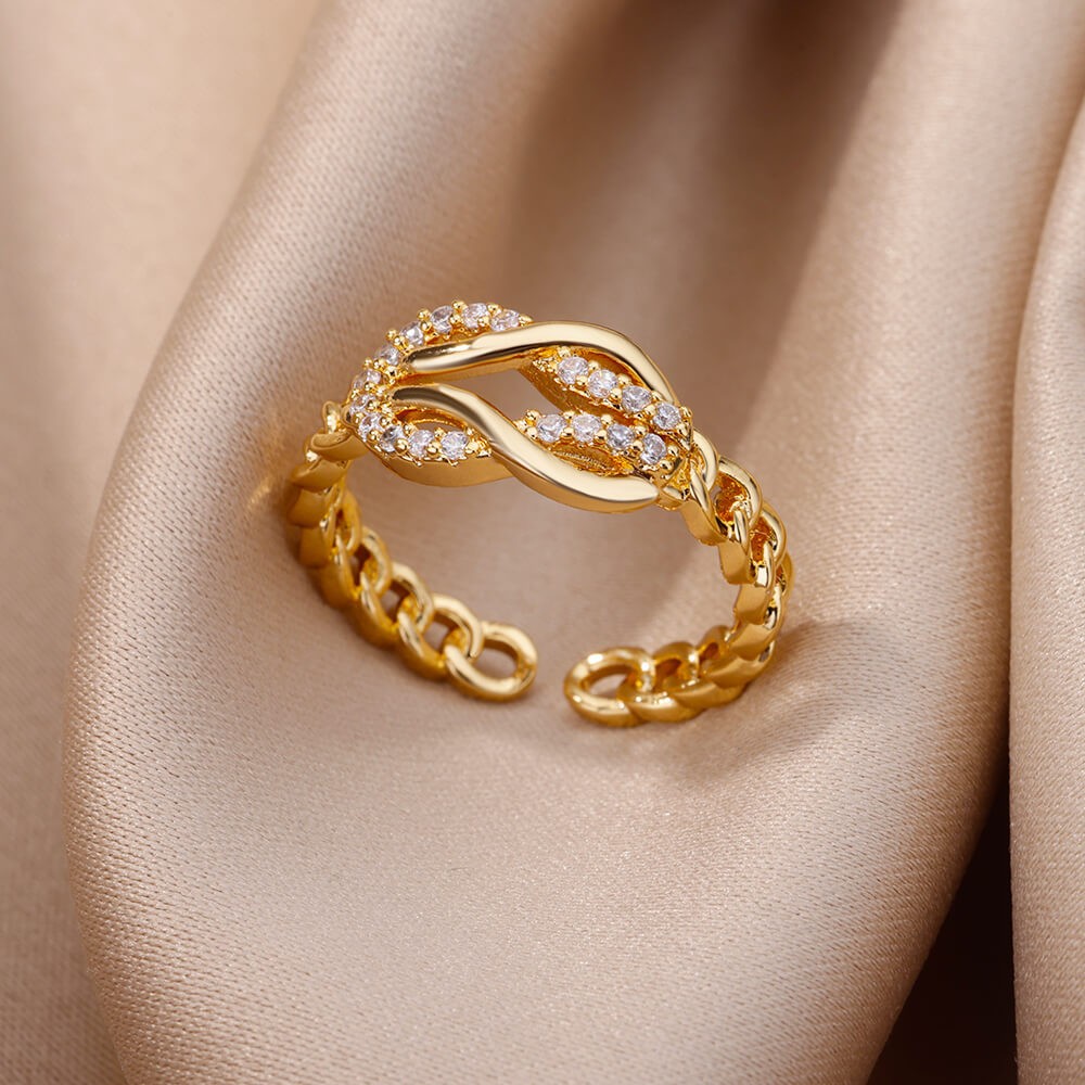 Hot-Selling 18K Gold-Plated Full Diamond Light Luxury Non-Fading Opening Ring Female Zircon Leaf Ring Female High-End Sense