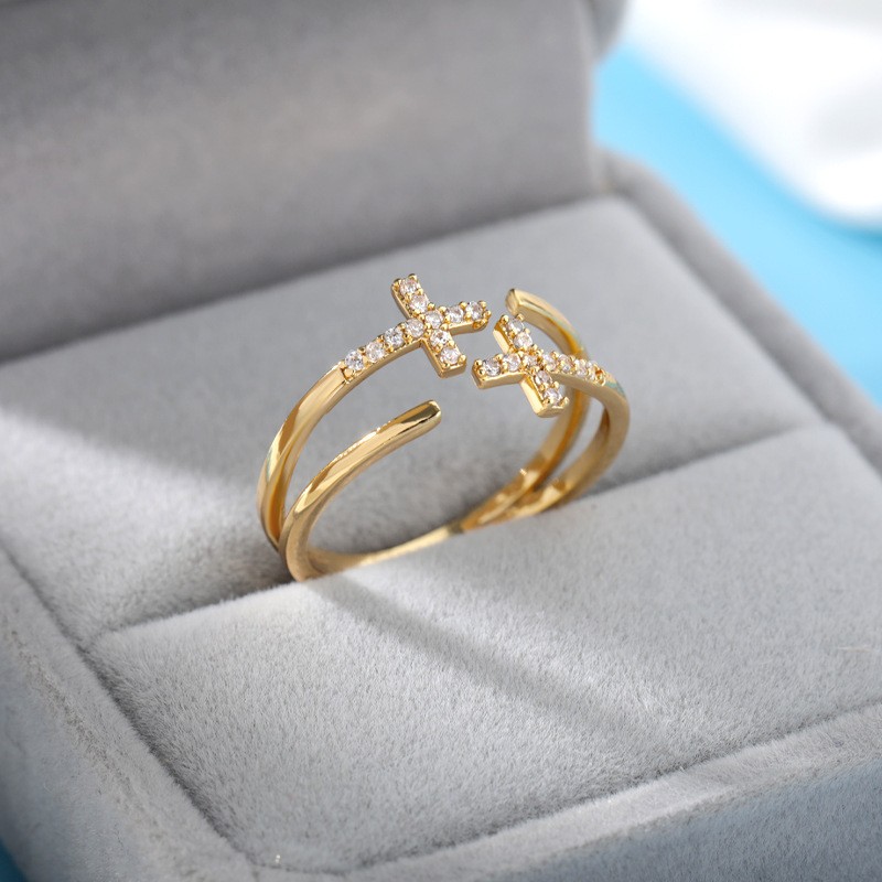 Hot-Selling 18K Gold-Plated Full Diamond Light Luxury Non-Fading Opening Ring Female Zircon Leaf Ring Female High-End Sense