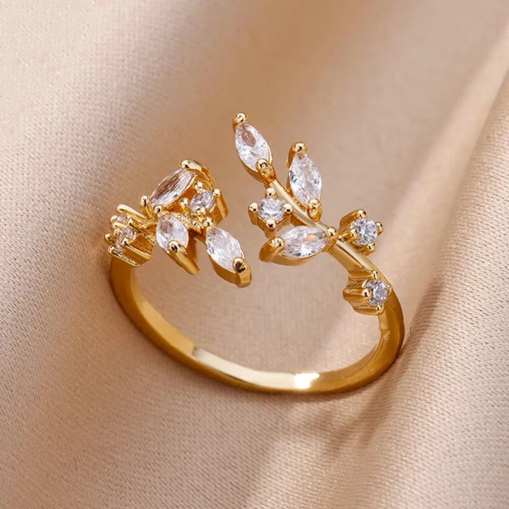Hot-Selling 18K Gold-Plated Full Diamond Light Luxury Non-Fading Opening Ring Female Zircon Leaf Ring Female High-End Sense