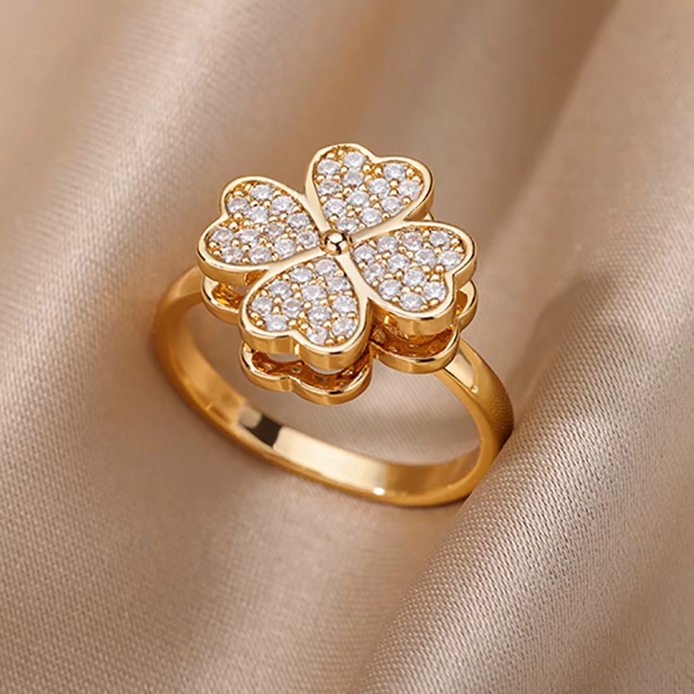 Hot-Selling 18K Gold-Plated Full Diamond Light Luxury Non-Fading Opening Ring Female Zircon Leaf Ring Female High-End Sense