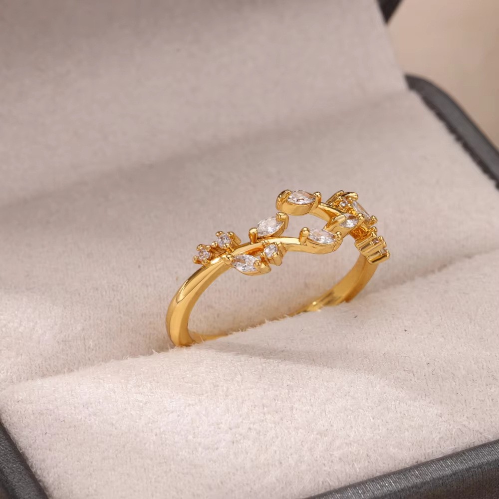 Hot-Selling 18K Gold-Plated Full Diamond Light Luxury Non-Fading Opening Ring Female Zircon Leaf Ring Female High-End Sense