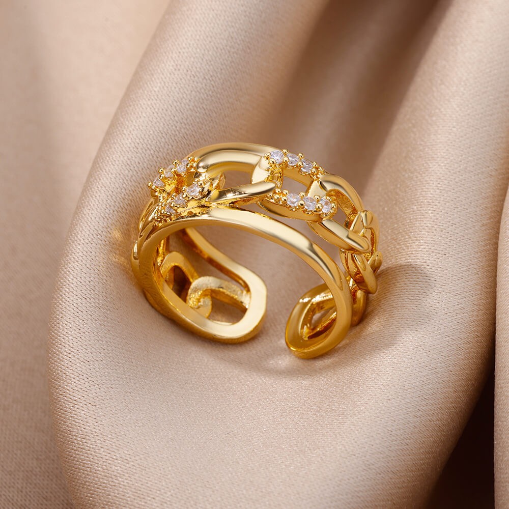 Hot-Selling 18K Gold-Plated Full Diamond Light Luxury Non-Fading Opening Ring Female Zircon Leaf Ring Female High-End Sense