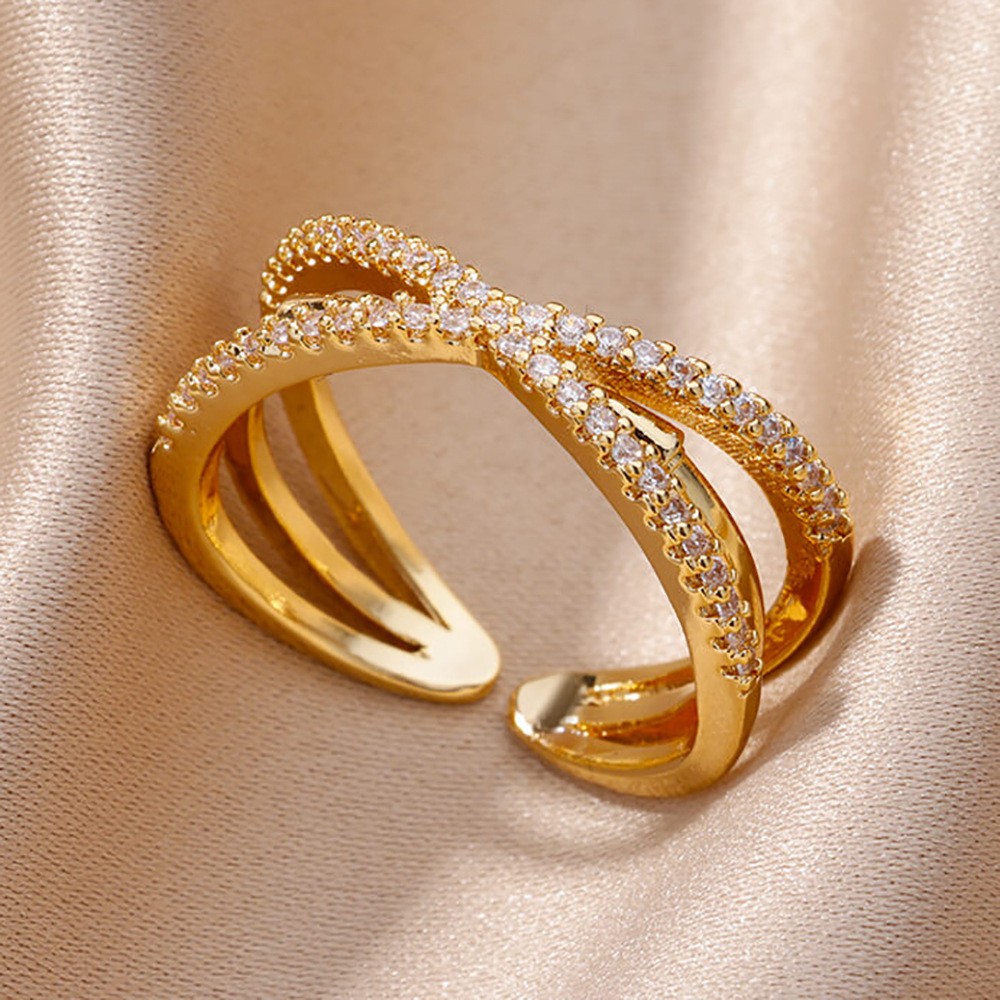Hot-Selling 18K Gold-Plated Full Diamond Light Luxury Non-Fading Opening Ring Female Zircon Leaf Ring Female High-End Sense