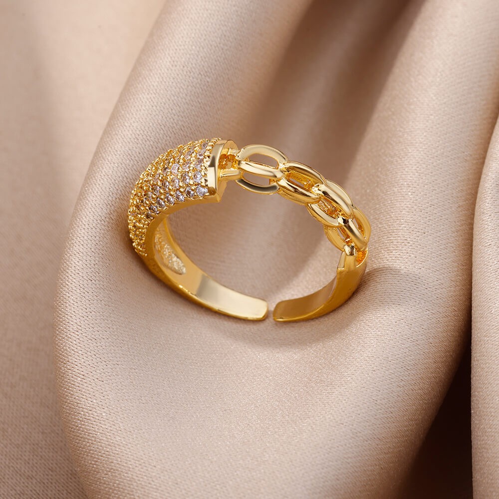 Hot-Selling 18K Gold-Plated Full Diamond Light Luxury Non-Fading Opening Ring Female Zircon Leaf Ring Female High-End Sense