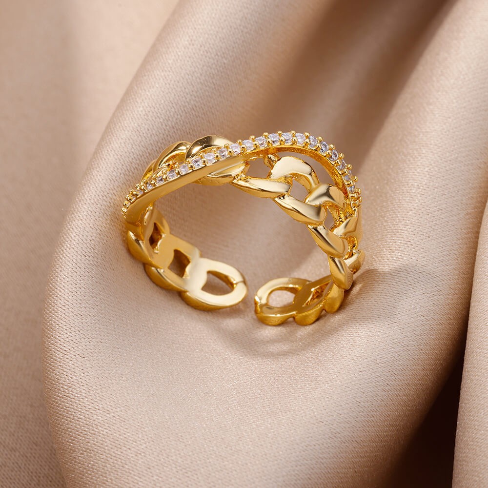 Hot-Selling 18K Gold-Plated Full Diamond Light Luxury Non-Fading Opening Ring Female Zircon Leaf Ring Female High-End Sense