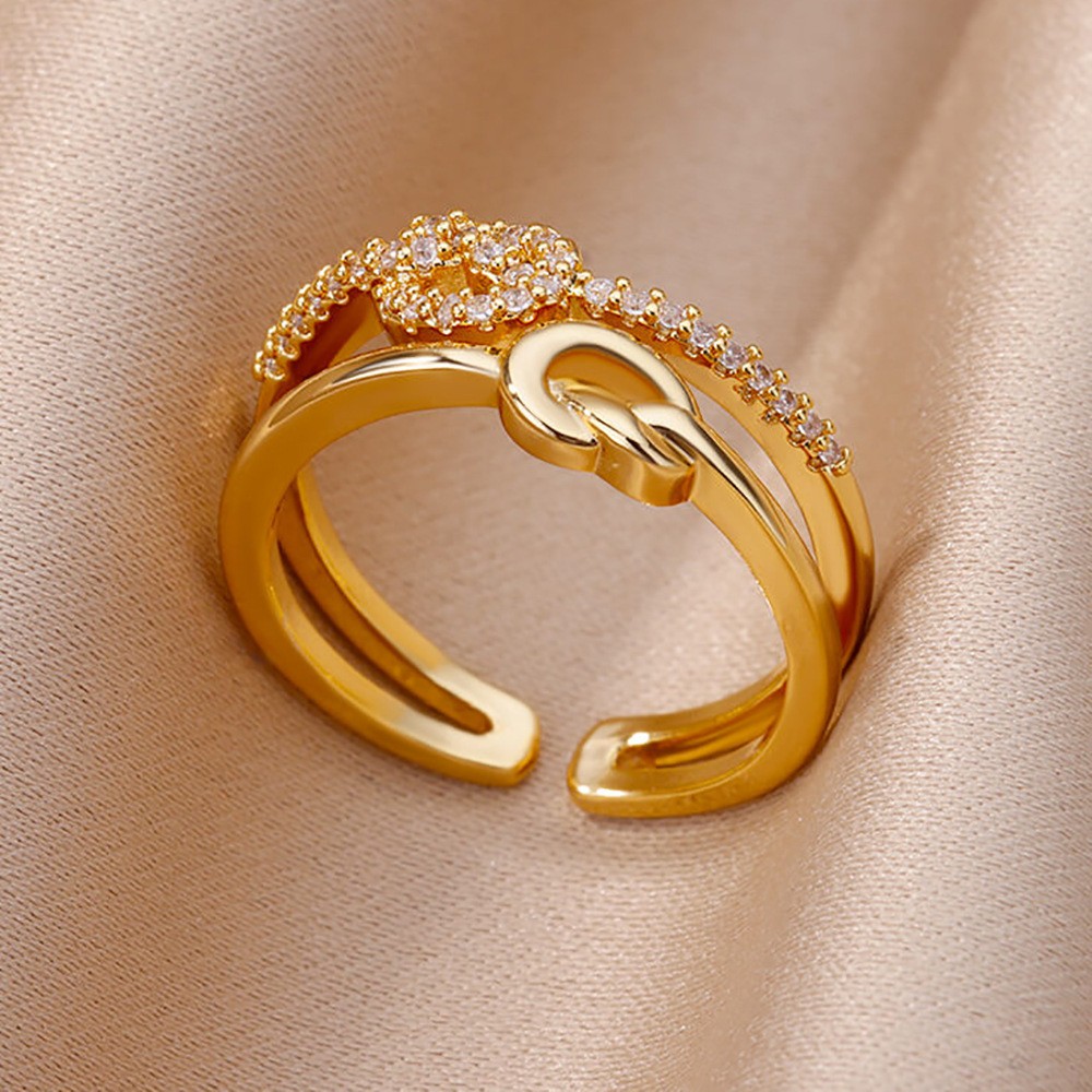 Hot-Selling 18K Gold-Plated Full Diamond Light Luxury Non-Fading Opening Ring Female Zircon Leaf Ring Female High-End Sense