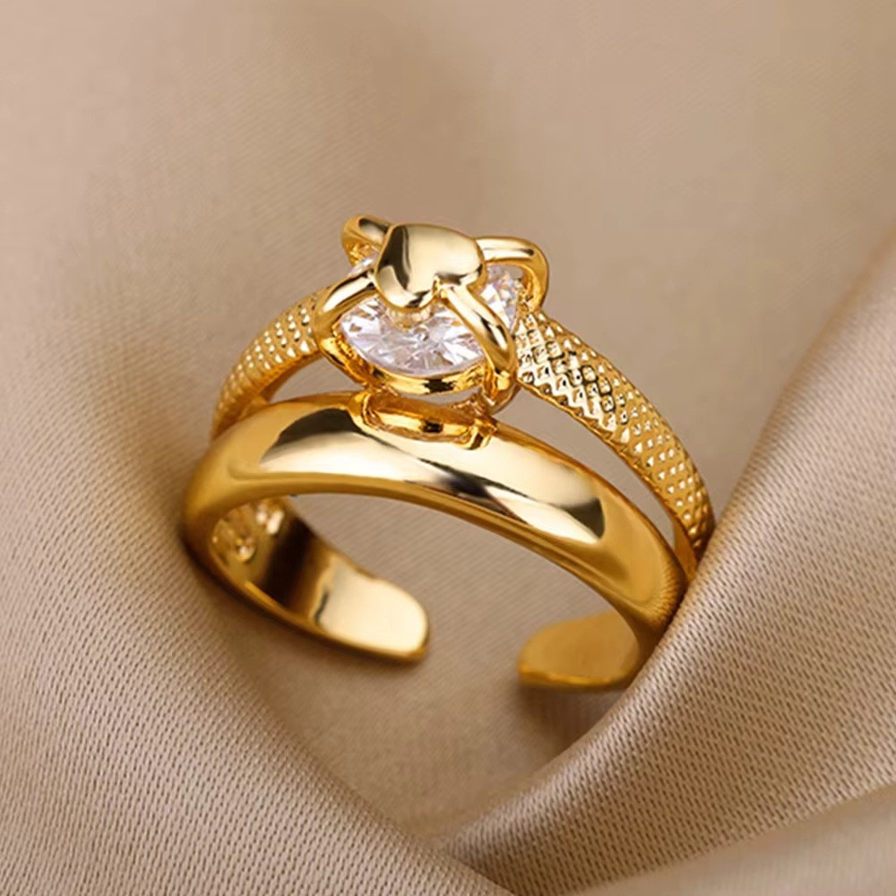 Hot-Selling 18K Gold-Plated Full Diamond Light Luxury Non-Fading Opening Ring Female Zircon Leaf Ring Female High-End Sense