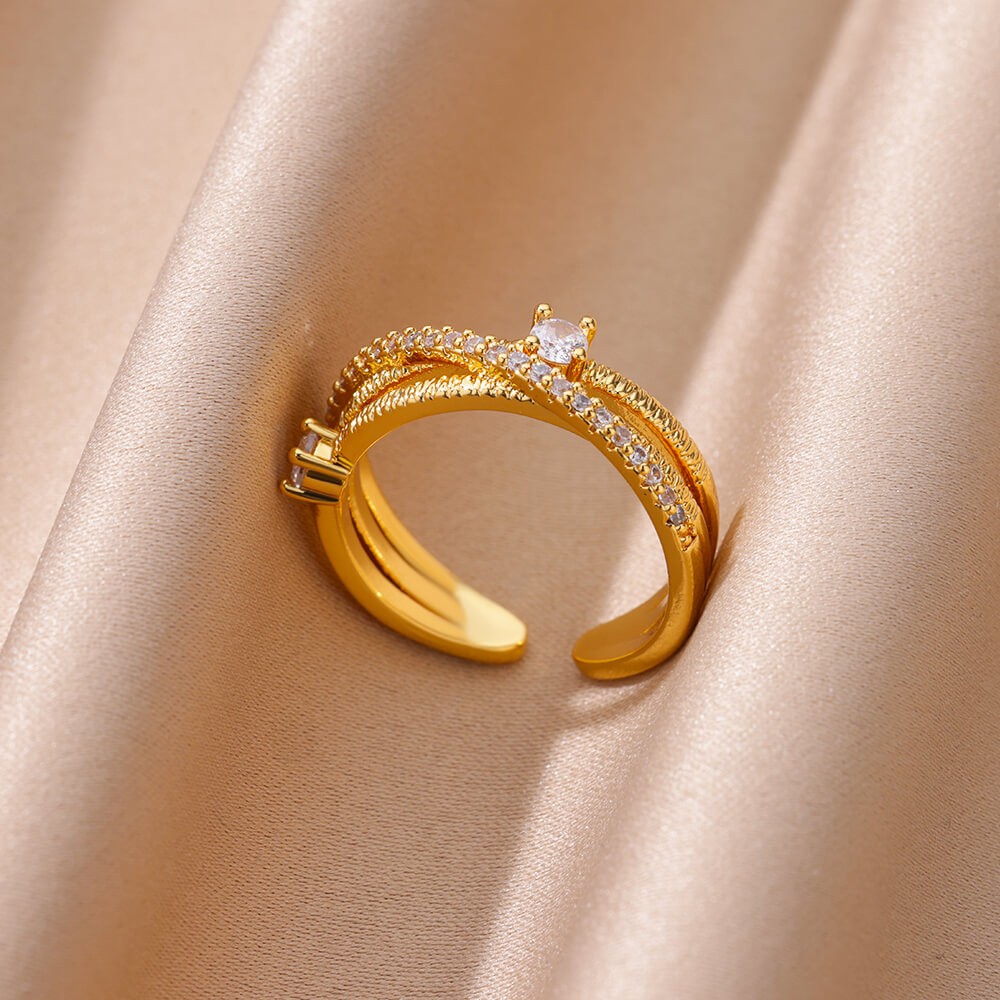 Hot-Selling 18K Gold-Plated Full Diamond Light Luxury Non-Fading Opening Ring Female Zircon Leaf Ring Female High-End Sense
