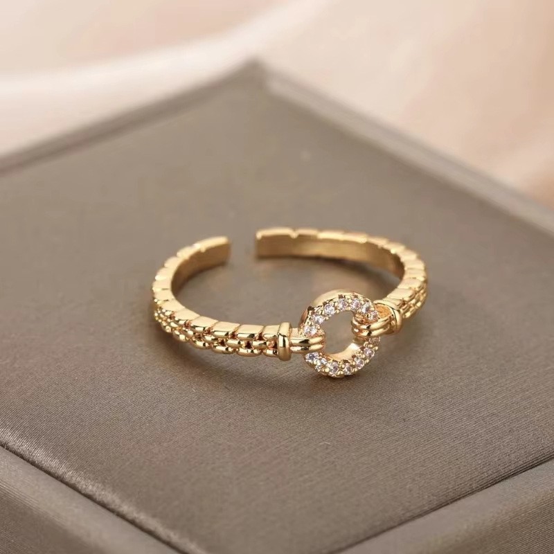 Hot-Selling 18K Gold-Plated Full Diamond Light Luxury Non-Fading Opening Ring Female Zircon Leaf Ring Female High-End Sense