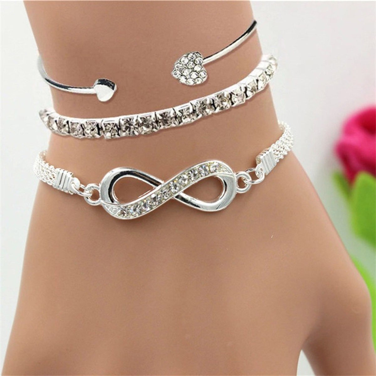 [3-Piece Set] Niche Infinity 8-Character Bracelet Versatile Love Opening Bracelet Diamond Infinity Symbol Alloy 3-Piece Set Women
