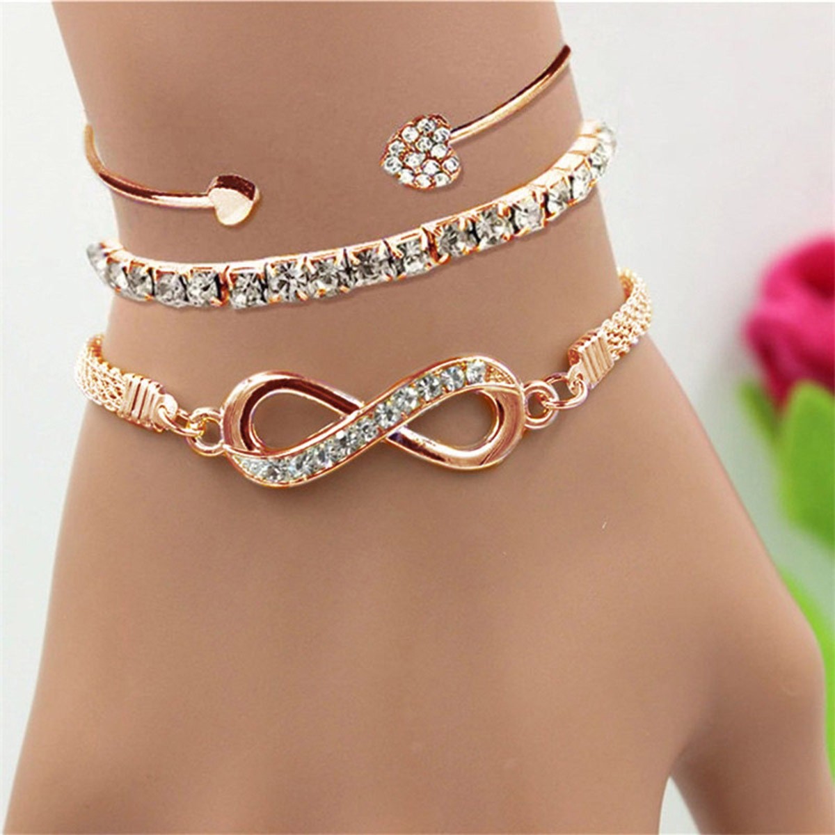 [3-Piece Set] Niche Infinity 8-Character Bracelet Versatile Love Opening Bracelet Diamond Infinity Symbol Alloy 3-Piece Set Women
