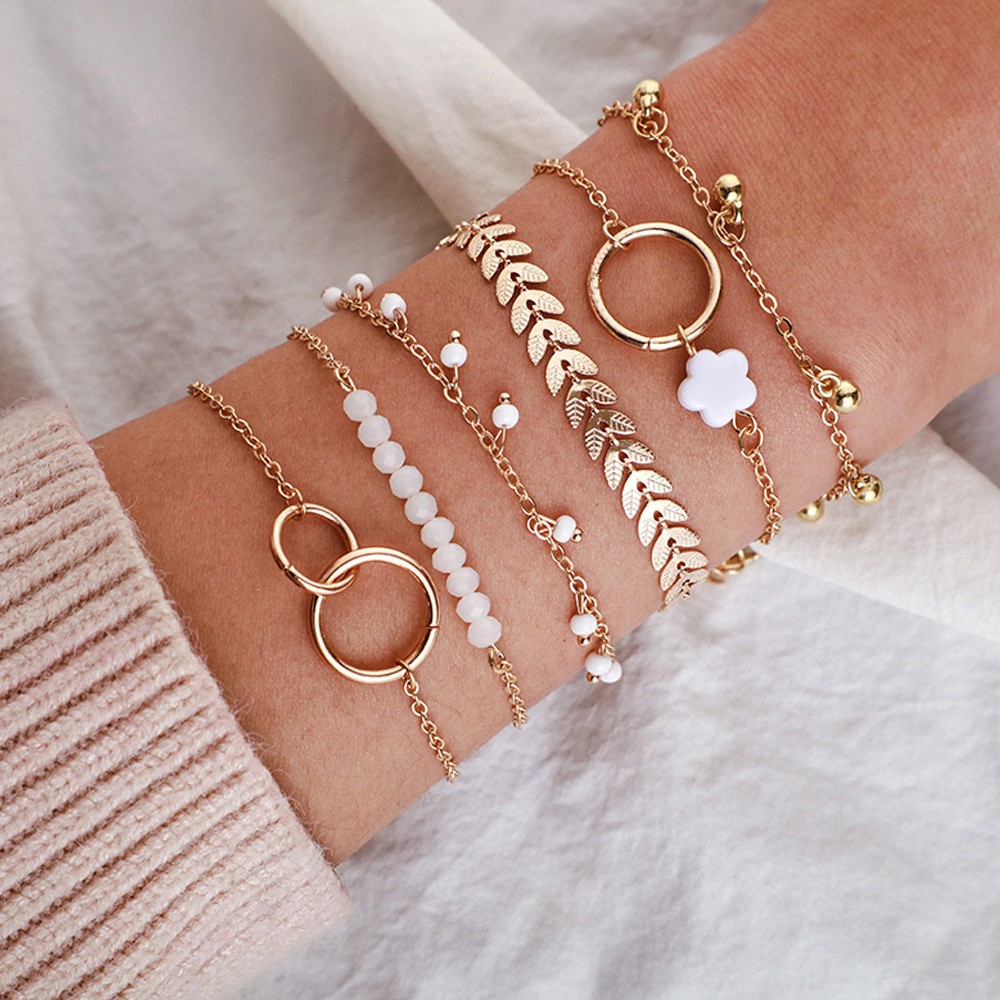 New Simple Circle Bracelet Set, Personalized Stacked Wind Fish Bone Chain Small Flower Leaf Bracelet