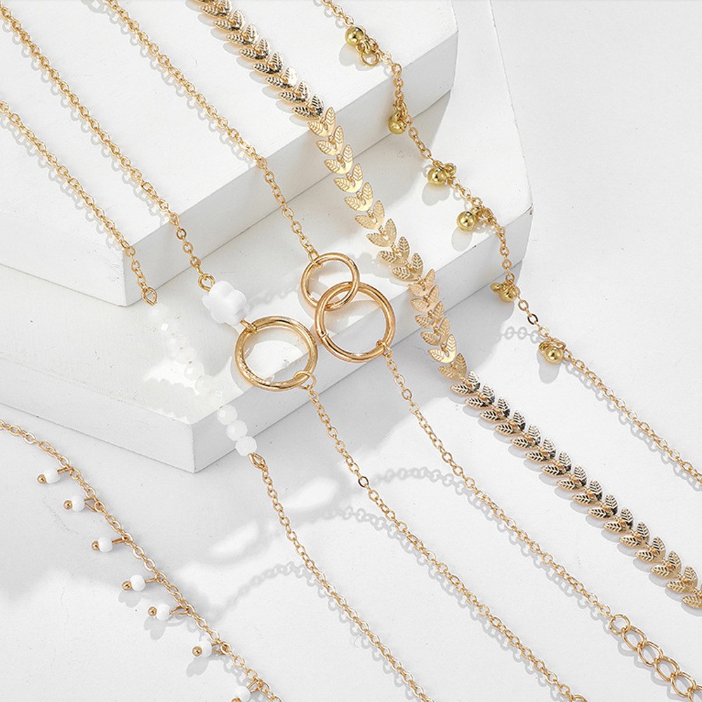 New Simple Circle Bracelet Set, Personalized Stacked Wind Fish Bone Chain Small Flower Leaf Bracelet