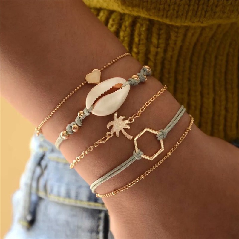 New Simple Circle Bracelet Set, Personalized Stacked Wind Fish Bone Chain Small Flower Leaf Bracelet